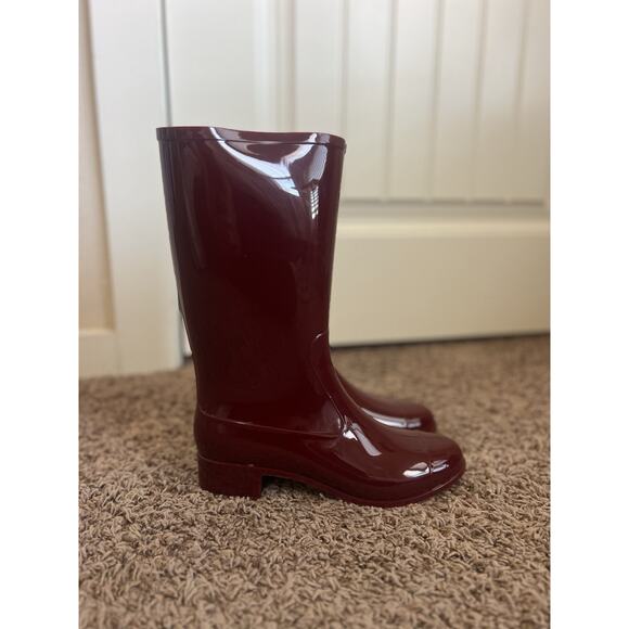 Jeffrey Campbell 9 Glossy Burgundy Rain Boots Women's Tall Rubber Waterproof - Picture 2 of 11